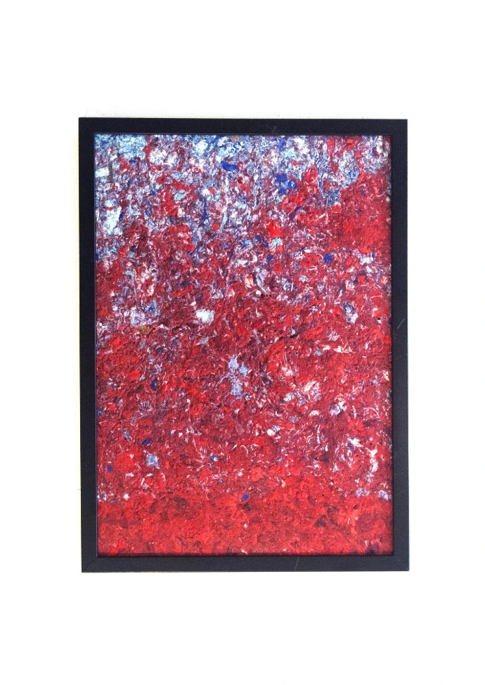 Affiche néofibre, tissus recyclé rouge et bleu réemploi